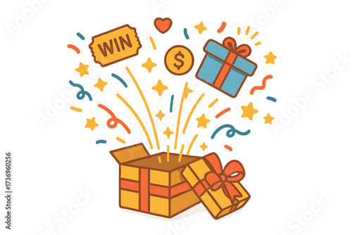 Winning prize concept. Open gift box with money, win ticket and confetti explosion. Surprise vector icon for marketing promotion, giveaway, loyalty program, contest, birthday.