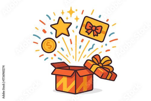 Gift box with prizes exploding. Vector icon for contest, promotion, marketing. Open present with confetti, star, gift card, coin. Concept for winning, reward, bonus, surprise.