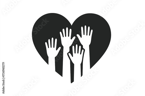 Volunteering raised hands charity icon with heart symbol, community service support, helping hands vector illustration for positive social foundation and nonprofit aid concept