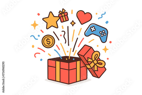 Gift box exploding with prizes. Vector icon for promotion, contest, and marketing. Win a prize, bonus reward, and loyalty program concept. Surprise gaming loot box illustration.