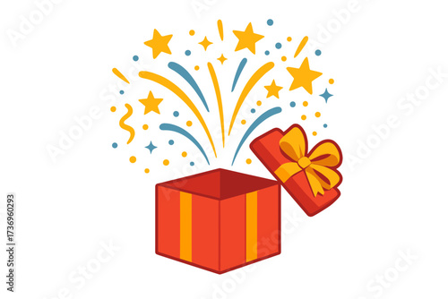 Giveaway illustration with open gift box, fireworks, and sparkles. Vector graphic for social media promotion. Surprise prize contest winner announcement for business marketing.
