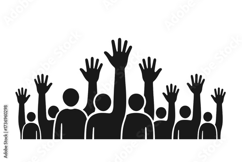 Volunteers and charity work concept. Raised helping hands silhouette. Vector crowd volunteering, community support, social aid, teamwork, and contribution illustration.