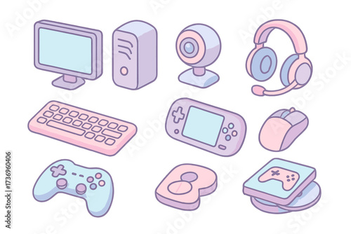Isometric gaming icons set. Cute gamer hardware in pastel colors. Vector cartoon illustration of PC, keyboard, controller, headset for streaming and e-sport. Kawaii computer kit.