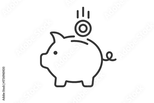 Piggy bank with falling coin, savings and wealth symbol, financial concept icon, vector thin line illustration, money savings, investment and budgeting design