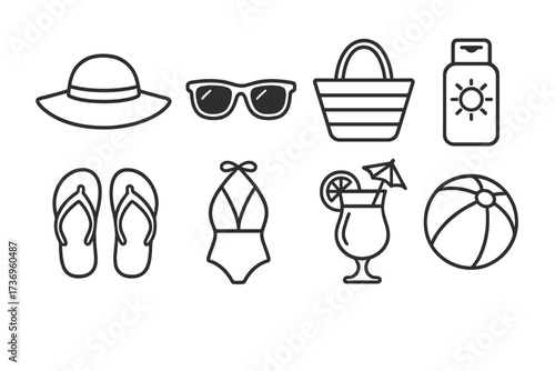 Summer vacation and beach essentials icon set. Linear outline vector illustration of travel items. Minimalist symbols for holiday concepts like sun hat, swimsuit, and cocktail.