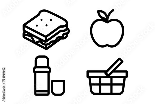 Vector picnic icon set. Minimal linear style symbols: sandwich, apple, thermos, basket. Concept for outdoor lunch, park, summer, food, camping, travel, and leisure.