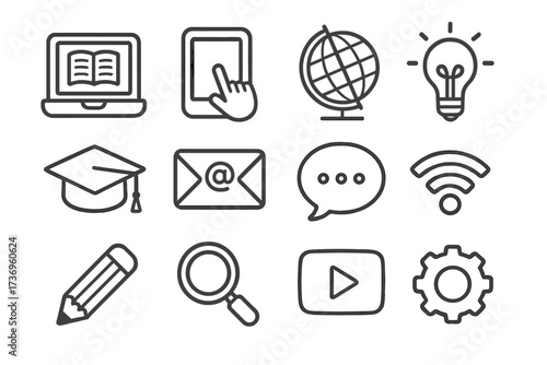 E-learning and online education icon set. Minimal line art vector symbols for digital communication, technology, and knowledge. Globe, laptop, idea bulb, and wifi icons.