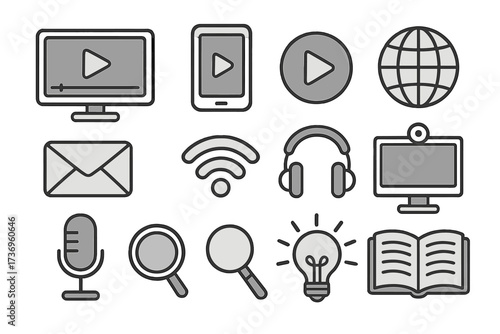 E-learning and digital media icon set. Minimal vector icons for technology, online education, communication, webinar, podcast, streaming, internet, and marketing business.
