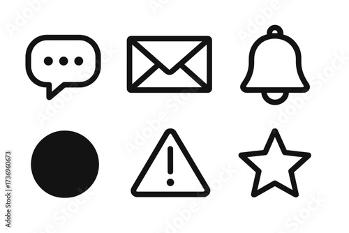Minimalist black notification icon set. Vector symbols for web and mobile app user interface design. UI UX glyphs for alert, message, chat, email, warning, and favorite.
