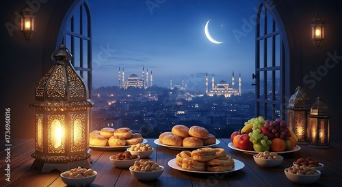 Ramadan Feast with Mosque and Lanterns.