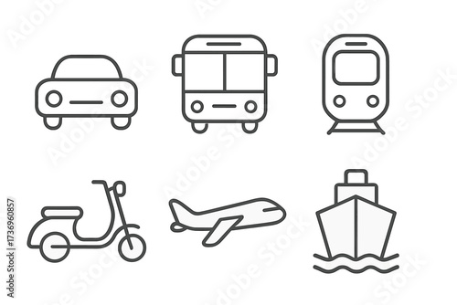 Transportation icon set. Minimalist linear style vector illustration. Car, bus, train, scooter, airplane, and ship vehicle symbols. Outline graphic for travel and public transport.