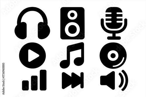Music and audio icon set. Simple silhouette glyphs for player interface. Headphones, speaker, microphone, play button, music note, CD, volume bar, forward sign. Sound symbols.