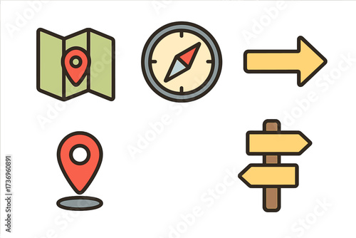 Navigation and travel icon set. Vector cartoon illustration of map with pin, compass, arrow, location marker, and signpost. Concepts for direction, journey, route, and GPS.