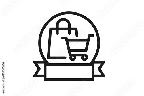One stop shop icon for online and retail stores. Vector badge illustration for e-commerce, sales, and marketing. All-in-one shopping solution symbol with cart and bag.