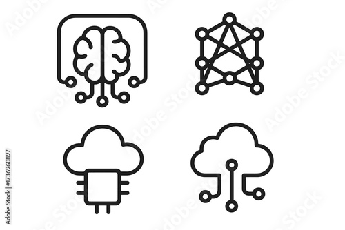 AI technology icon set. Minimal line art icons for machine learning, neural network, cloud computing. Vector symbols for digital brain, data processing, deep learning, server.