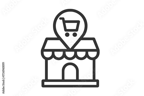 One stop shop icon. Vector graphic for online and retail business. Storefront with location pin and shopping cart. Marketplace, e-commerce, and local convenience concept.
