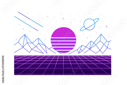 Retrowave landscape 80s style. Sci-fi synthwave background. Retrofuturistic digital world. Vector virtual reality scene with neon grid, wireframe mountains, retro sun.
