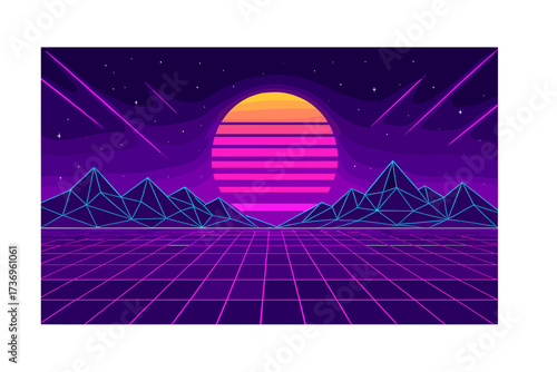Sci-fi virtual reality landscape in a digital 80s retrofuturistic style. Vector cyberpunk illustration with a purple neon grid floor for an arcade videogame background.