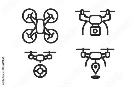 Set of drone line icons. Quadcopter with camera, delivery drone, and GPS navigation symbol. Vector illustration for technology, aerial photography, and surveillance concepts.