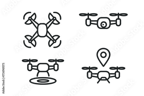 Set of drone icons in minimalistic line style. Quadcopter with camera for surveillance, flight and navigation. Vector illustration for technology, delivery, and location tracking.