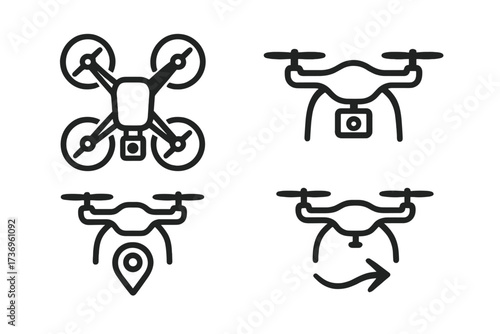 Drone icon set for tech themes. Quadcopter with camera, UAV for delivery and navigation with GPS location pin. Minimalistic line art vector illustration for flight path symbol.