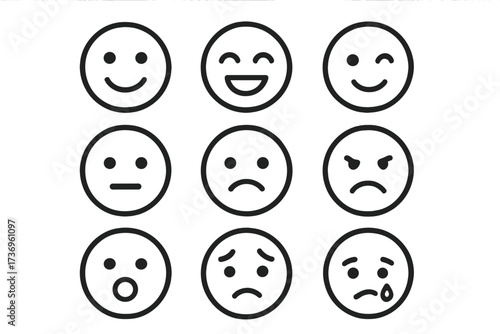 Set of linear emoji faces expressing different emotions. Vector cartoon illustration. Icon collection of emoticons for social media, feedback survey or mood reaction tracker.