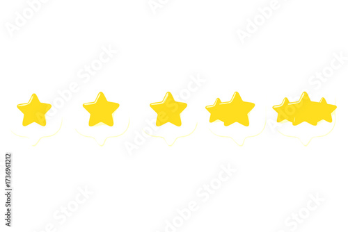 3D yellow stars rating in speech bubbles. Customer review and online feedback concept. From one to five stars. Quality assessment, survey satisfaction, and classification.