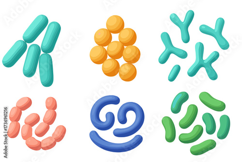 Probiotics bacteria 3D render vector set. Gut microbiota with healthy prebiotic bacillus. Lactobacillus, streptococcus, bifidobacteria, microorganisms for digestive health science.