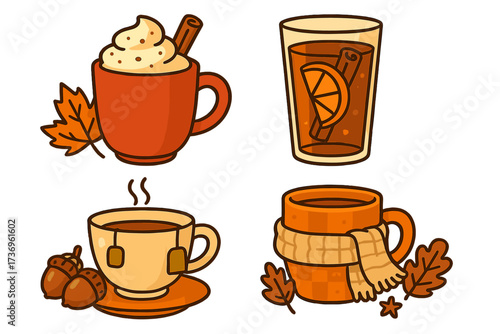 Cozy autumn drinks vector icon set. Fall season hot beverages cartoon illustration. Tea, coffee latte, mulled cider with cinnamon. Warm seasonal hygge lifestyle elements.