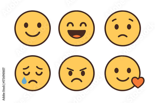 Simple emoji expressions set. Rounded faces and emotion icons. Vector cartoon illustration. Happy, sad, angry, love, crying face. Yellow smiley character collection for web.
