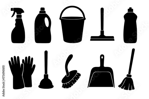 Cleaning icons set. Janitorial supplies and housekeeping tools silhouette collection. Disinfection, hygiene and domestic chores equipment. Broom, bucket, gloves, brush vector.