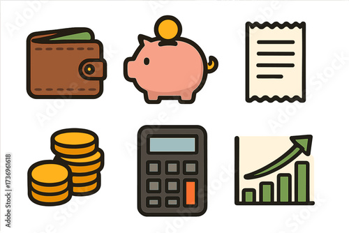 Finance and money icon set. Vector symbols for budget, savings, investment and profit. Piggy bank, wallet, coins, calculator and economic growth chart for business concept.