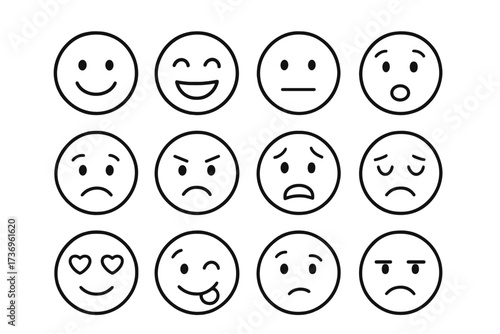 Simple line art emoticon set with emotional expressions. Vector smiley face icons. Happy, sad, angry, love, surprised feelings. Cartoon character for feedback or survey.