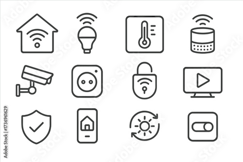 Smart home technology icon set. Minimal linear vector icons for modern devices and home automation systems. Internet of Things (IoT) concepts for app and web design.