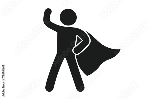 Stick figure superhero character with cape in heroic pose. Vector icon metaphor for leadership, business success, strength, willpower, achievement, potential, and confidence.