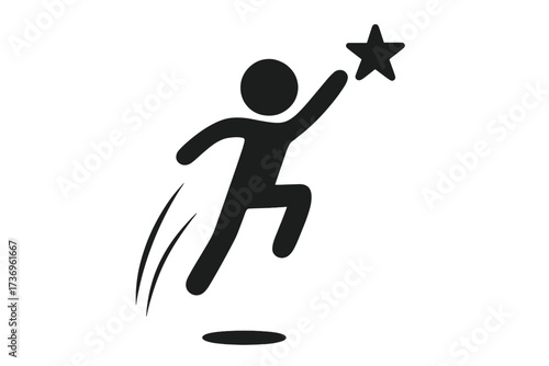 Man reaching for the star. Concept of success, goal, ambition, and achievement. Leadership, career growth, motivation, aspiration. Reaching for dreams. Vector icon.