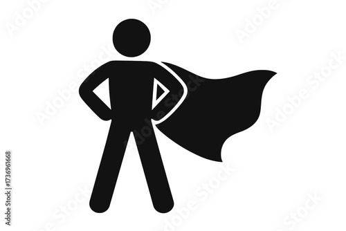 Stickman superhero character in a cape. Vector flat glyph icon for concepts of success, leadership, strength, power and willpower. Hero in a pose. Business winner.