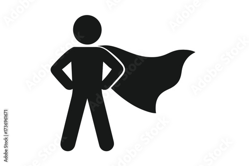 Superhero stickman character with cape. Vector flat glyph icon for leadership, success, strength, and willpower. Business hero concept. Winner and achievement symbol illustration.