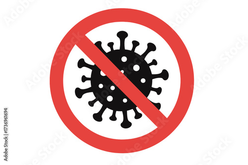 Stop coronavirus prohibition sign. Red warning symbol with virus icon for COVID-19 prevention. Pandemic awareness vector illustration. Health and safety concept design.