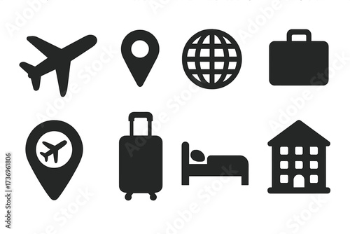 Travel icons set with minimalist black silhouette designs for flights, transport, and accommodations. Vector graphic symbols for vacation, tourism, and business concepts.