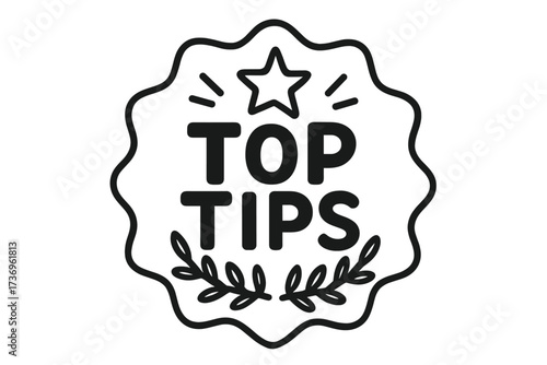 Top tips vector icon on doodle badge. Useful advice or suggestion concept. Best practice and recommendation symbol. Life hack sticker. Business hint or expert help illustration.