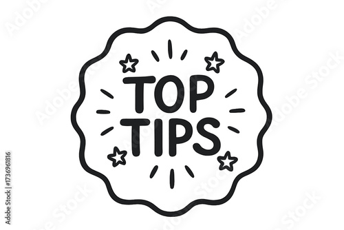 Top tips doodle badge vector illustration. Quick advice and help information symbol. Hand drawn sticker label with stars. Best recommendation, hint or trick concept for a blog.