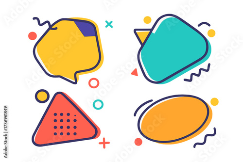 Set of colorful trendy speech bubbles. Collection of modern pop art text boxes. Abstract geometric banners for quotes. Dialogue balloon, message box frame. Retro 80s design.