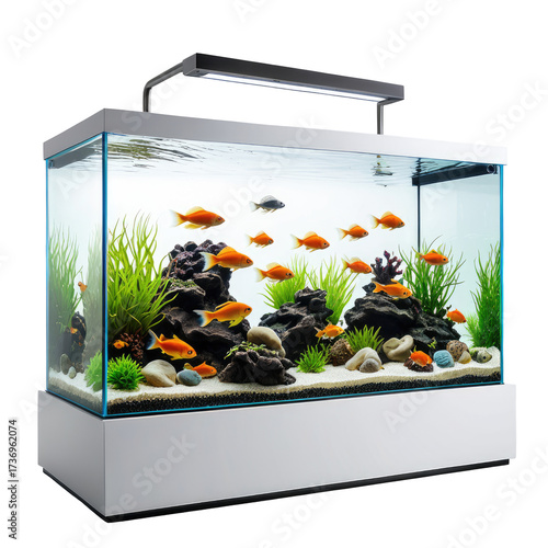 Illuminated aquarium with orange fish, plants, rocks, and white sand
