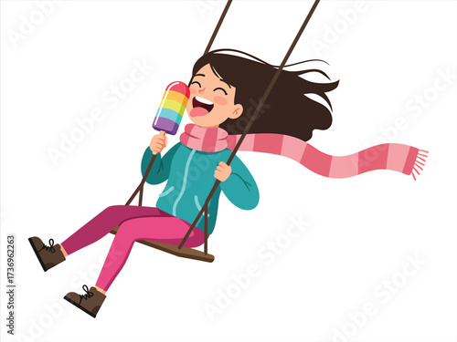 Happy young girl in winter clothes swinging while eating a colorful ice pop