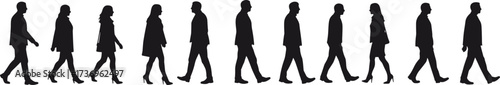 Silhouettes of business people walking in a row, men and women in formal clothes, office workers teamwork, professional group figures