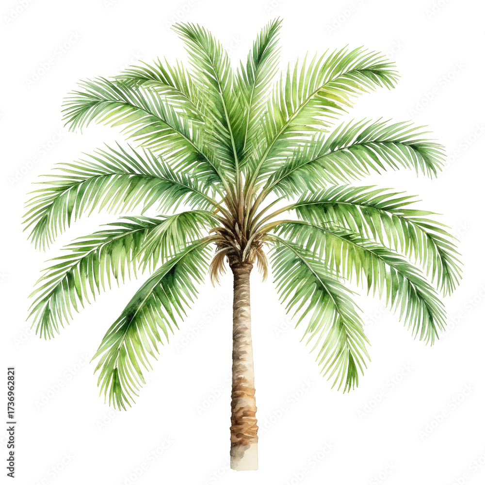 Fototapeta premium Watercolor palm tree with detailed green fronds against a black background