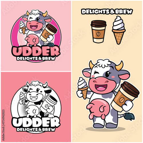 Cow udder milk logo. Vector milk logo with cows. Cute Cow Mascot Logo