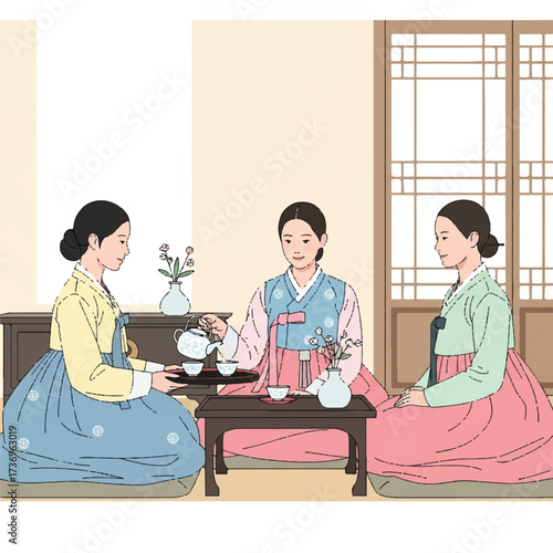 Illustration of three women in traditional Korean hanok attire enjoying tea together in a serene, modern interpretation of traditional Korean architecture setting.
