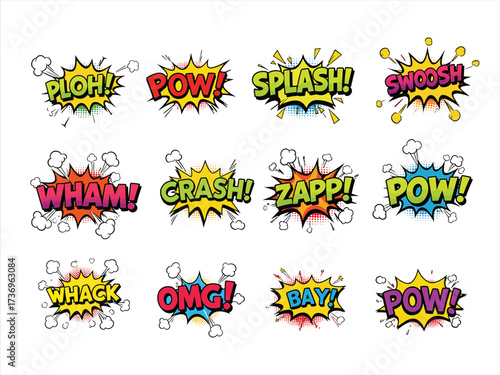 Comic Book Sound Effects Explosions, Action, and Dynamic Visuals in Colorful Speech Bubbles